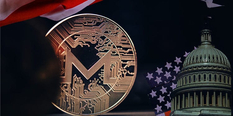 Edificio del senado y bandera de los Estados Unidos sobre moneda de Monero. Composición por CriptoNoticias. twenty20photos / elements.envato.com ; duallogic / elements.envato.com