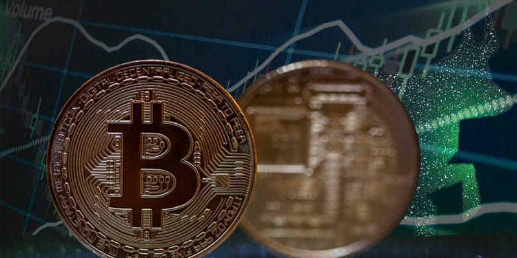 Moneda de Bitcoin con gráfico alcista y toro de fondo. Composición por CriptoNoticias. twenty20photos / elements.envato.com; @starline / Freepik.com; erika8213 / elements.envato.com