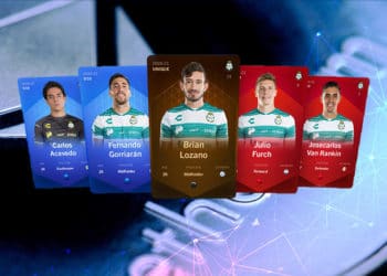 Cartas coleccionables de jugadores del club Santos Laguna sobre moneda de ethereum con red digital. Composición por CriptoNoticias. @ClubSantos / Twitter.com; @starline / Freepik.com; macondoso / elements.envato.com