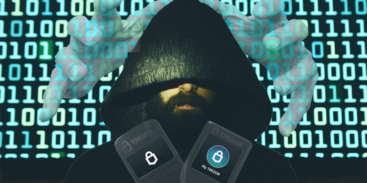 Monederos Trezor con hacker y código y manos en el fondo. Composición por CriptoNoticias. Trezor / trezor.io; truthseeker08 / pixabay.com; Trezor / Trezor.io; twenty20photos / elements.envato.com