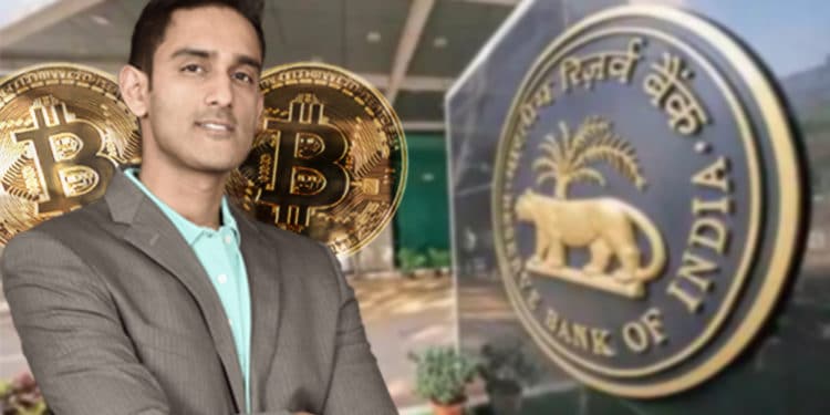 Sunny Ray con monedas de Bitcoin y oficinas del Banco Central de la India en el fondo. Composición por CriptoNoticias. Block Tribune / blocktribune.com; Aniruddha Chowdhury / livemint.com; johan10 / elements.envato.com