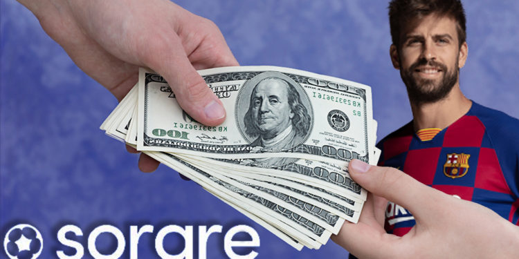 Logo de Sorare frente a persona entregando dinero con foto de Gerard Piqué en el fondo. Composición por CriptoNoticias. Sorare / twitter.com; Cubava / azulgrana.cubava.cu.; twenty20photos / elements.envato.com.