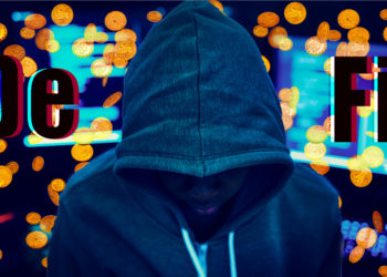 Hacker frente a monedas cayendo con computadoras y DeFi en el fondo. Composición por CriptoNoticias. dibrova / elements.envato.com; Rawpixel / elements.envato.com