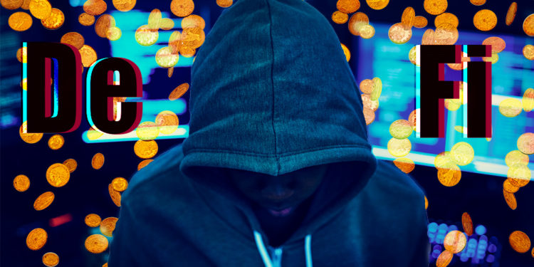 Hacker frente a monedas cayendo con computadoras y DeFi en el fondo. Composición por CriptoNoticias. dibrova / elements.envato.com; Rawpixel / elements.envato.com