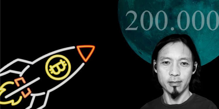 Willy Woo frente a Luna azul con cohete de Bitcoin. Composición por CriptoNoticias. Radix / radixdlt.com; @katemangostar / Freepik.com; wirestock / Freepik.com.