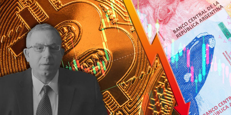 Carlos Maslatn frente a monedas de Bitcoin junto a billetes de pesos argentinos separados por flecha con gráfico supuerpuesto. Composición por CriptoNoticias. Carlos Maslaton / twitter.com; johan10 / elements.envato.com; jcomp / freepik.com;Sonyachny / elements.envato.com; twenty20photos / elements.envato.com