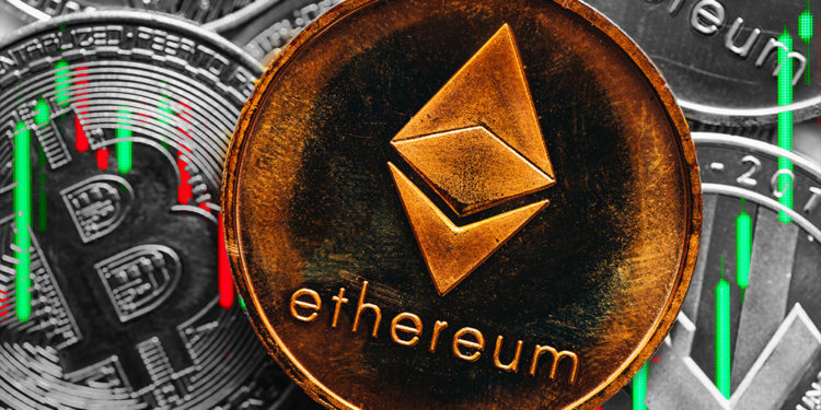 Moneda de Ethereum con gráfico alcista sobre criptomonedas. Composición por CriptoNoticias. jcomp / freepik.com; stevanovicigor / elements.envato.com.