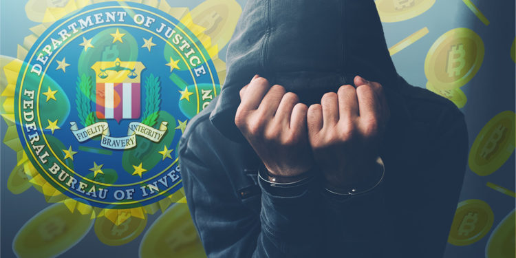 Hacker esposado oculta su rostro con logo del FBI y monedas de bitcoin cayendo en el fondo. Composición por CriptoNoticias. FBI / wikipedia.org; katemangostar / freepik.com; stevanovicigor / elements.envato.com.