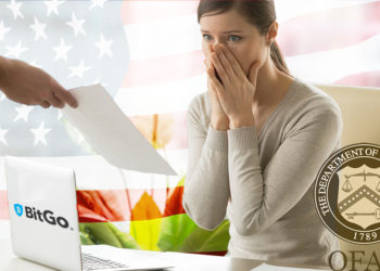 Mujer sorprendida recibiendo multa con logos de BitGo y la OFAC con bandera de Estados Unidos en el fondo. Composición por CriptoNoticias. BitGo / wikipedia.org; yanalya / freepik.com; Office of Foreign Assets Control / wikipedia.org; Prostock-studio / elements.envato.com.