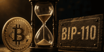 Moneda física de bitcoin, reloj de arena y letrero que dice "BIP-110".