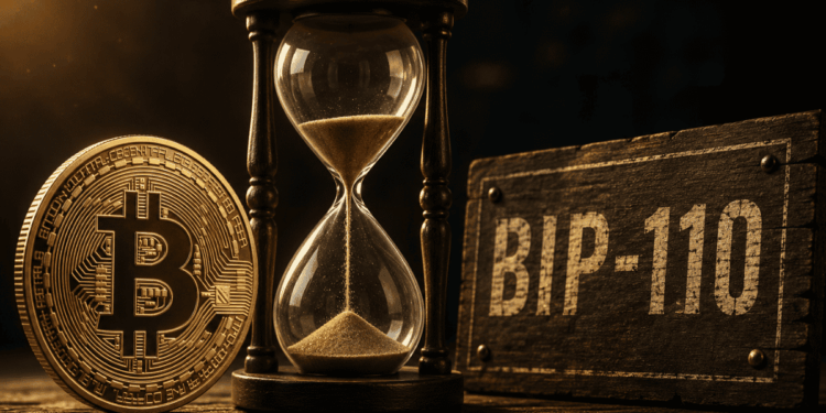 Moneda física de bitcoin, reloj de arena y letrero que dice "BIP-110".