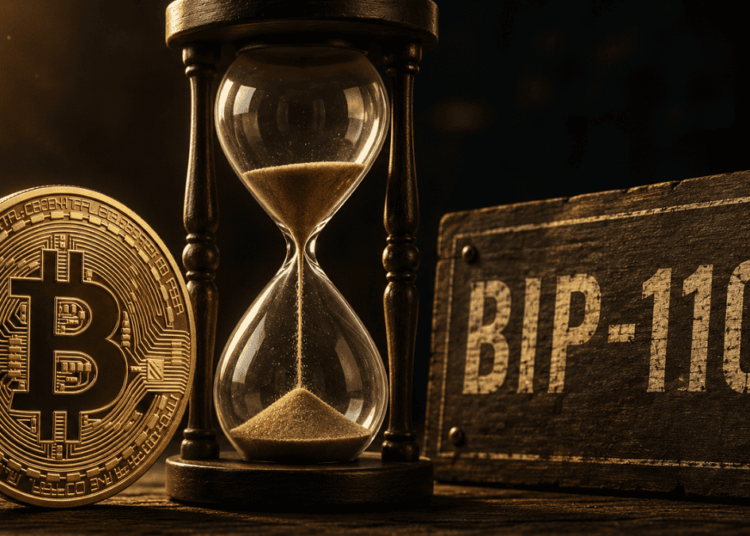 Moneda física de bitcoin, reloj de arena y letrero que dice "BIP-110".