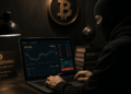 Persona enmascarada usando un exchange de bitcoin en un ambiente oscuro.