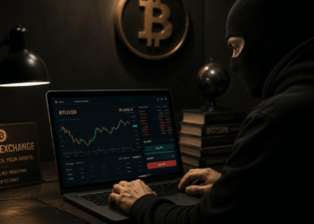 Persona enmascarada usando un exchange de bitcoin en un ambiente oscuro.