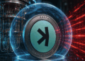 Una moneda de kaspa con una burbuja de protección que simboliza el blindaje anticuántico.