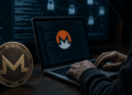 Ambiente oscuro. Moneda física de monero. Alguien usando una computadora. Logo de monero en el monitor.