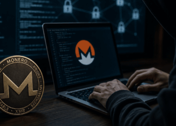 Ambiente oscuro. Moneda física de monero. Alguien usando una computadora. Logo de monero en el monitor.