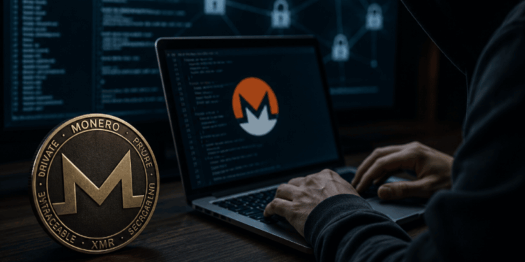 Ambiente oscuro. Moneda física de monero. Alguien usando una computadora. Logo de monero en el monitor.