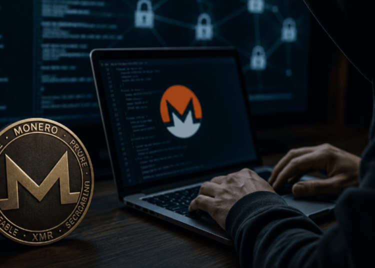 Ambiente oscuro. Moneda física de monero. Alguien usando una computadora. Logo de monero en el monitor.