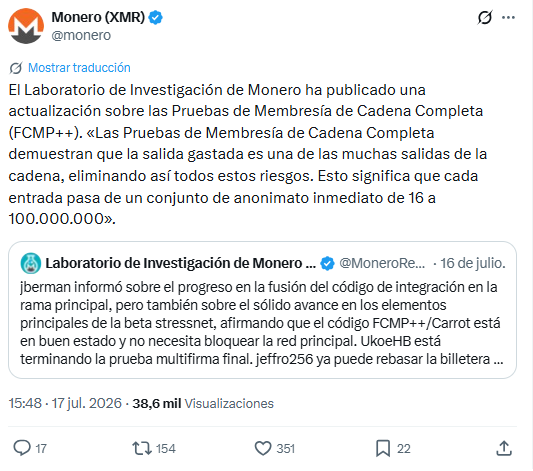 Anuncio en la cuenta oficial de Monero en X.