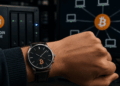 Mano con un reloj en su muñeca. Imágenes que simbolizan un nodo de Bitcoin.,