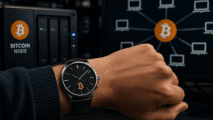 Mano con un reloj en su muñeca. Imágenes que simbolizan un nodo de Bitcoin.,