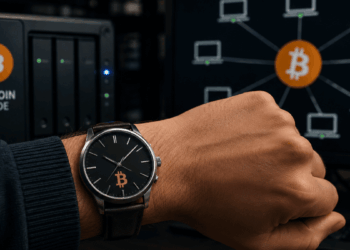 Mano con un reloj en su muñeca. Imágenes que simbolizan un nodo de Bitcoin.,