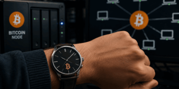 Mano con un reloj en su muñeca. Imágenes que simbolizan un nodo de Bitcoin.,