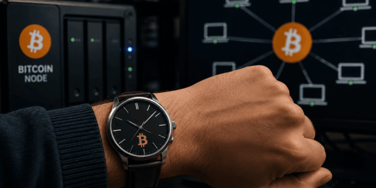 Mano con un reloj en su muñeca. Imágenes que simbolizan un nodo de Bitcoin.,