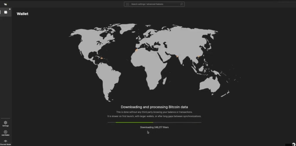 Wasabi Wallet en proceso de sincronización con la red Bitcoin tras la instalación.