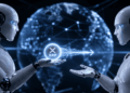 2 robots que representan agentes de IA haciendo una transacción con XRP.