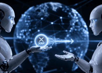 2 robots que representan agentes de IA haciendo una transacción con XRP.